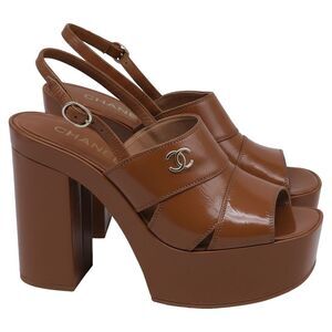 Chanel CC Slingback Platform Sandal Heels in Brown Patent Leather